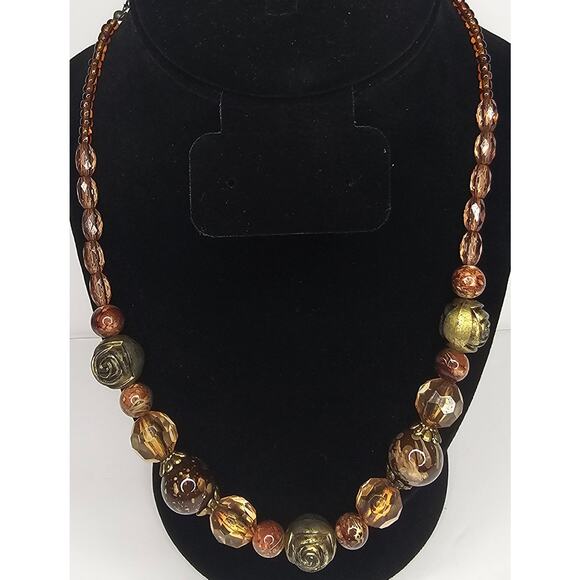 Boho NECKLACE Carved Rose Amber Lucite Beads Costume Jewelry Vintage Gift - Picture 3 of 5